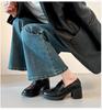 British Style Black Chunky Heel Loafers – Cowhide, Versatile, High Heel College Flats