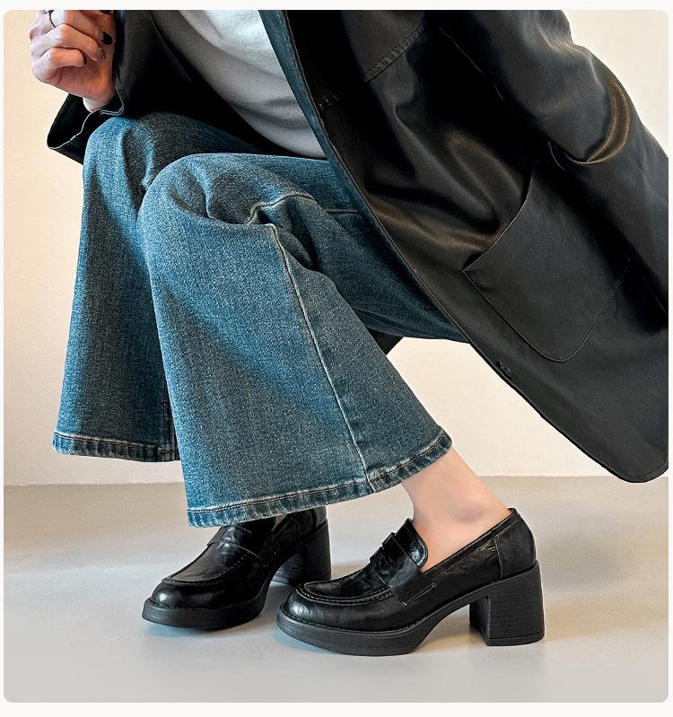 British Style Black Chunky Heel Loafers – Cowhide, Versatile, High Heel College Flats