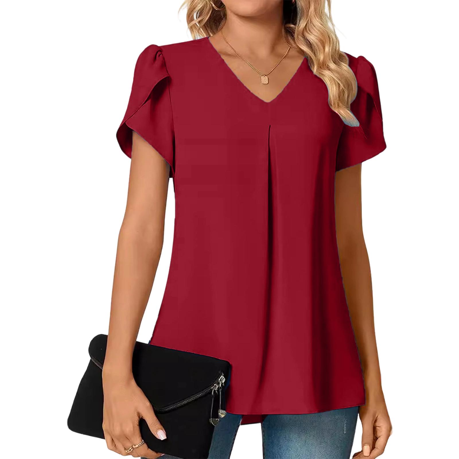 Women s Fashion Casual V-neck Sleeve Short-sleeve Blouse M красный