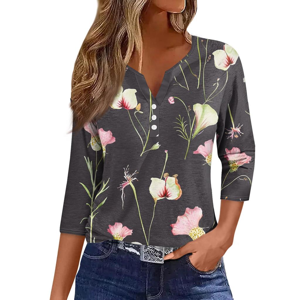 Women's Fashion Casual Floral Print V-Neck Short Sleeve Decorative Button Three-quarter Sleeve T-Shirt Top