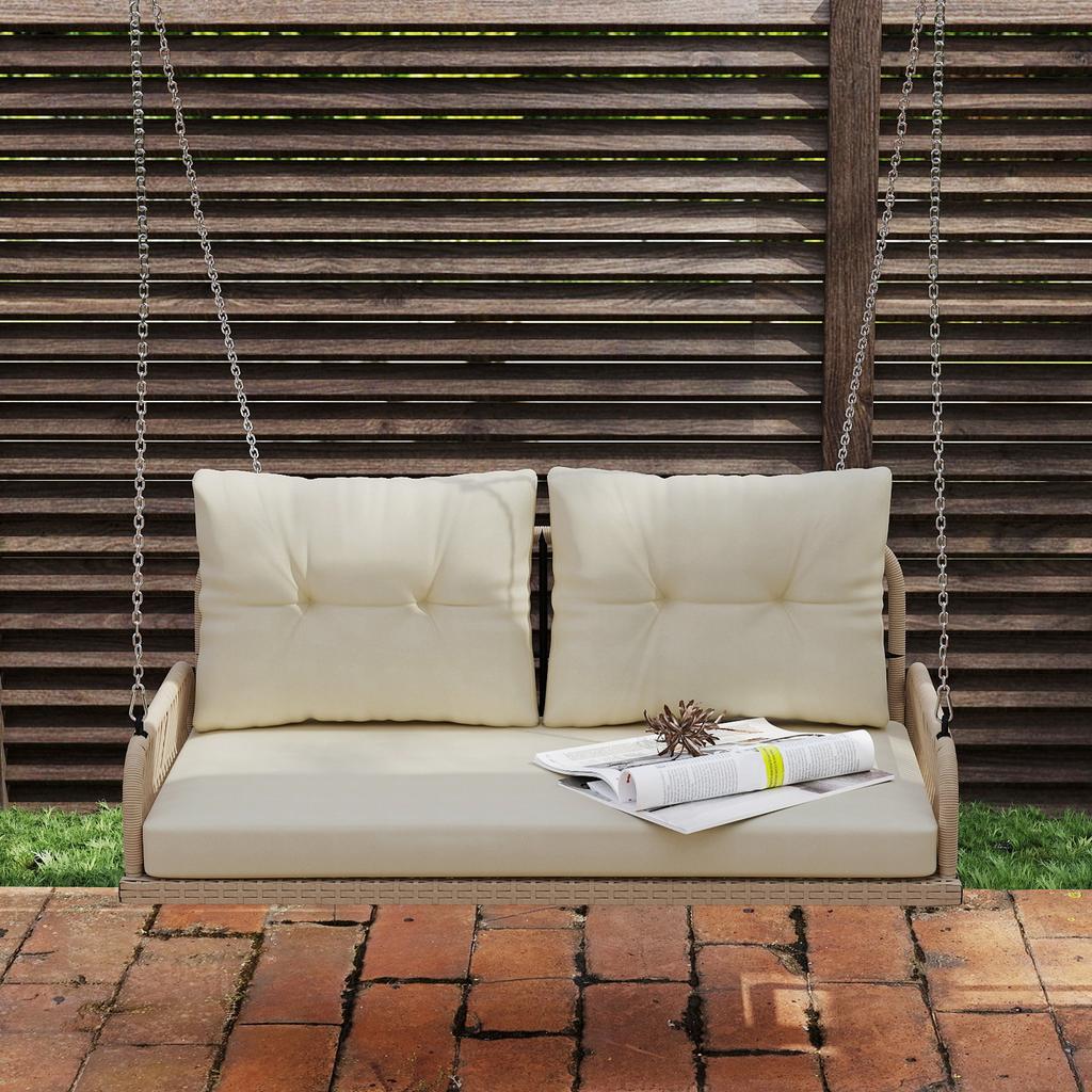 Hollywood Swing 2-Seater, Rattan Garden Swing with Cushions, Chains, Up To 240 Kg, 115 X 66 X 44 Cm, Beige