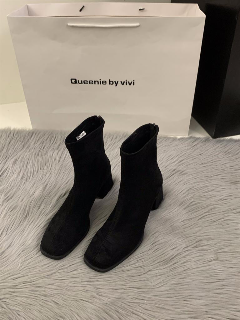 High Heel Square Head Skinny Short Boots Women's Shoes 2025 Autumn and Winter Fleece Korean Small Ankle Boots Martin Boots