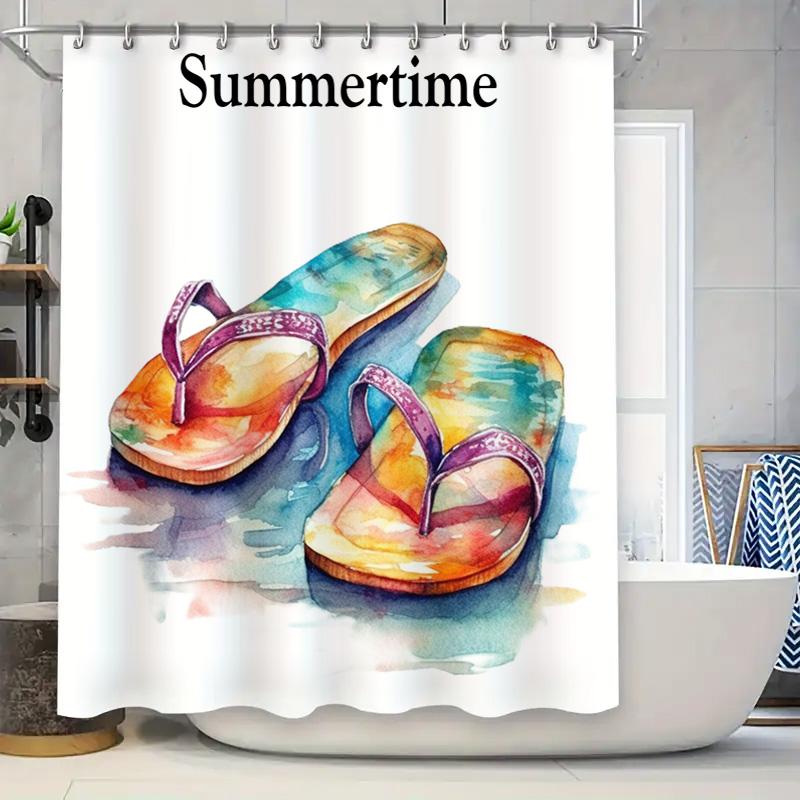 

Summer-Themed Bathroom Decor Watercolor Flip Flops Shower Curtain For Kids Or Adults – Colorful Beach Towels Set Included (White W60H190(CM)-1 Pcs
