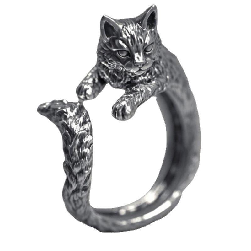 Vintage Black Alloy Cartoon Kitten Open Ring For Men And Women Personality Stylish Simple Ring Crafts Suitable For Men And Women