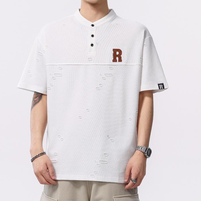 

New Summer Thin Model 230g Jacquard and Ripped Laughing Hole Japanese Retro Collar Male T 4XL