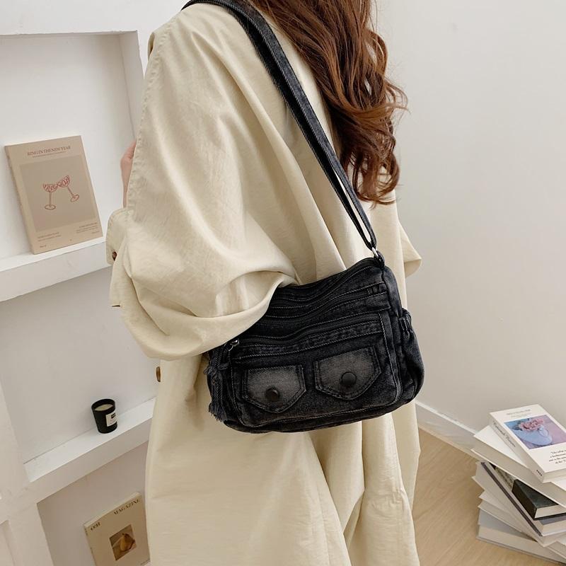 Washed Denim Crossbody Bag with Dual Flap Front Pockets Casual Shoulder Purse for Women Daily Travel