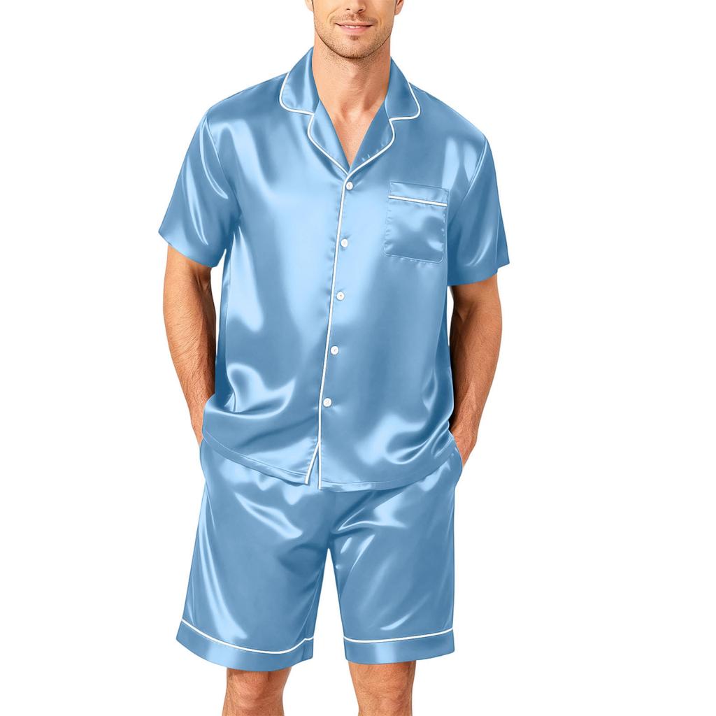 Men's Short Sleeve Pajama Set Button Down Shirt with Curved Hem and Matching Shorts Soft Lightweight Lounge Sleepwear S-XXXXL