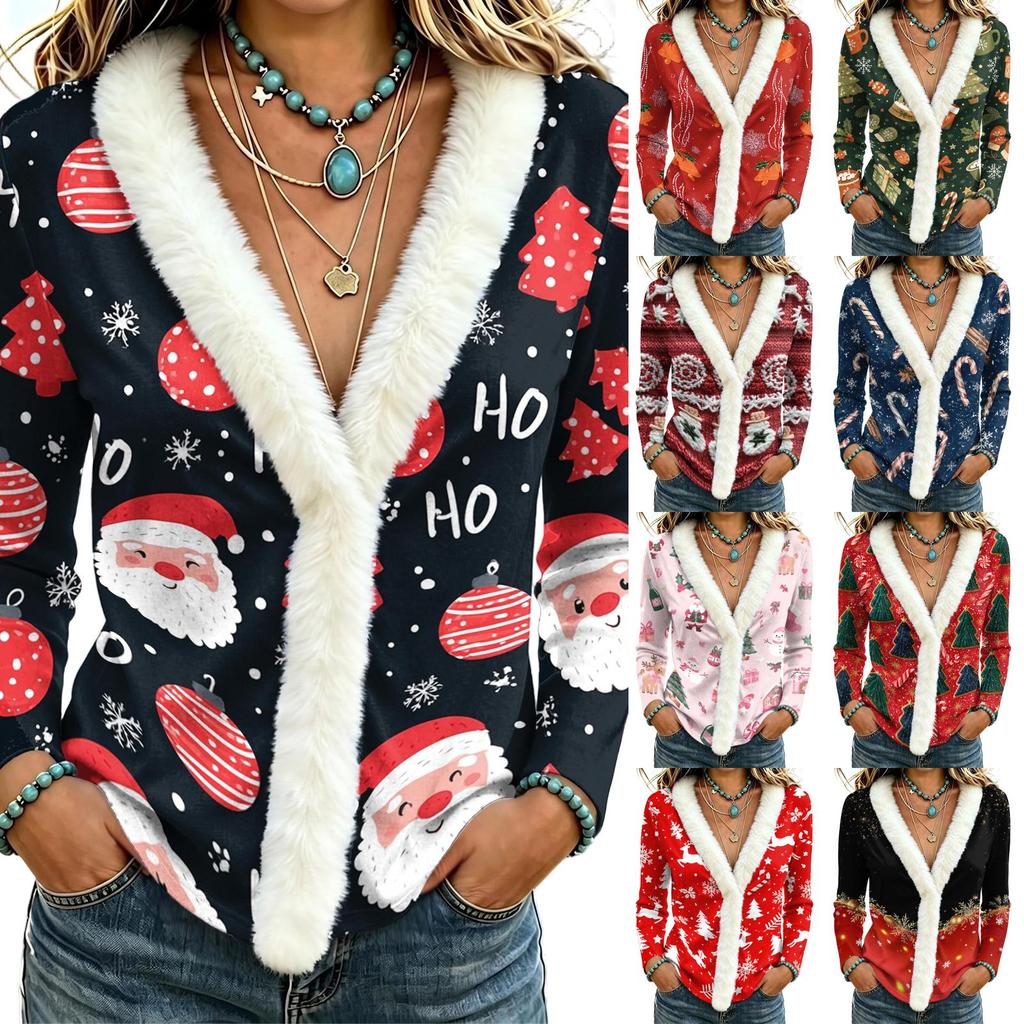Top da donna a maniche lunghe con stampa natalizia e colletto peloso per l'abbigliamento delle festività autunnali e invernali