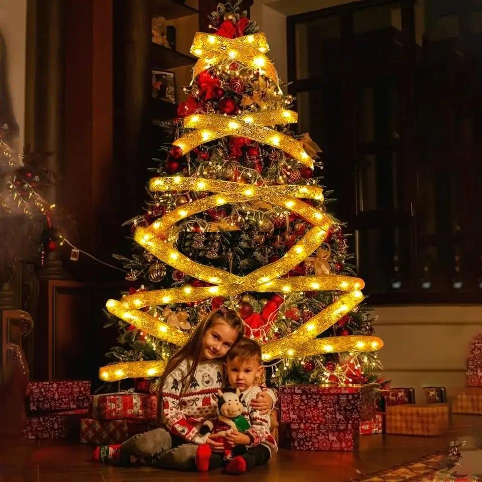 10M Christmas Light String Ribbon for Christmas Tree Decoration Double Layer Gold Stamping Luminous Ribbon Lamp Lace DIY Led Lights