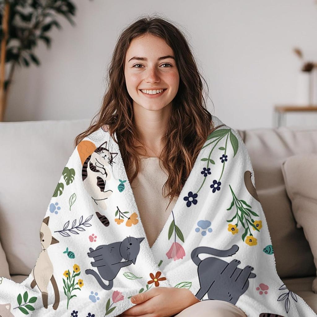 1PC Handdraw Cute Cats Pattern Throw Thin Blanket Gifts for Couch Bed Car Home Camping For Cute Animals Lovers All Season Use