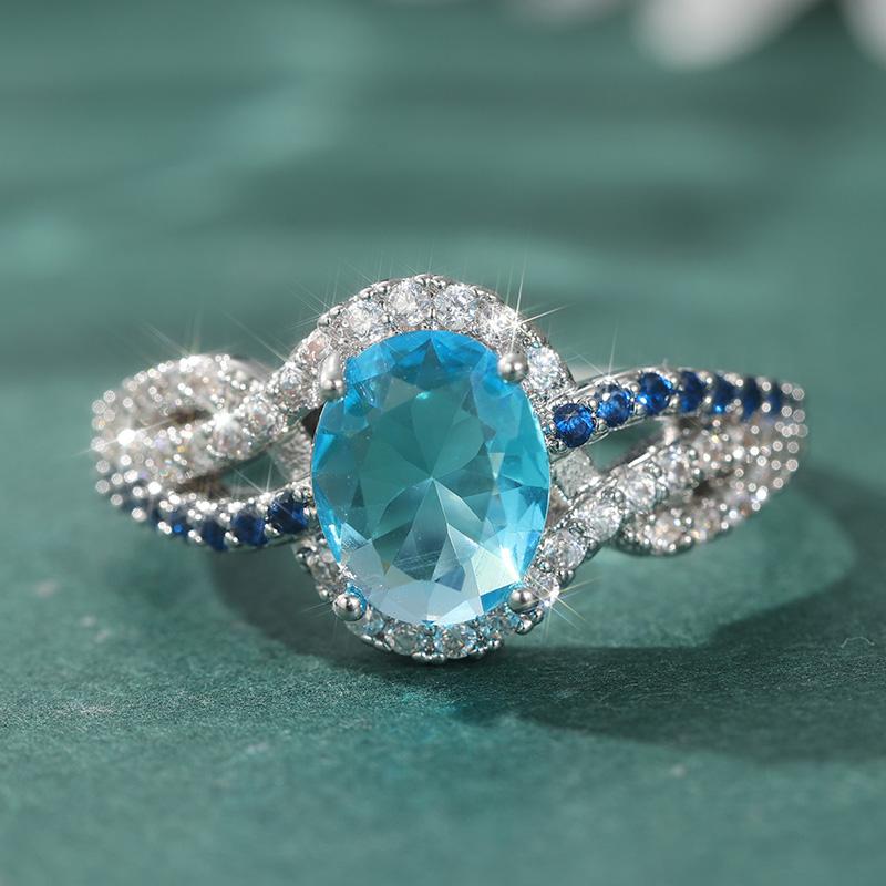 Luxury Sparkling Blue Synthetic Zirconia Wedding Silvery Plated Ring Women's Fashion Elegant Engagement Jewelry Accessories Gift