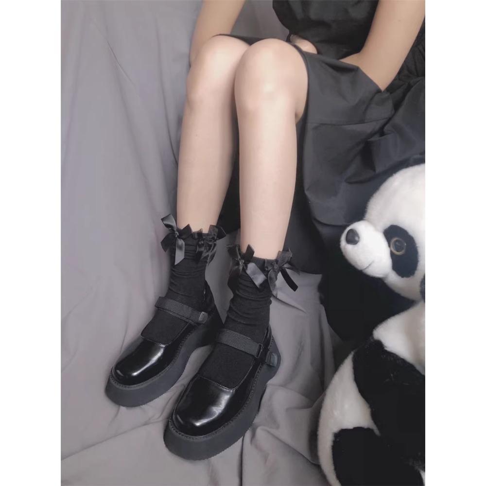 Japanese Lolita Retro White Satin Bow Trendy Cool Dark Jk Two Wear Stacked Calf Socks
