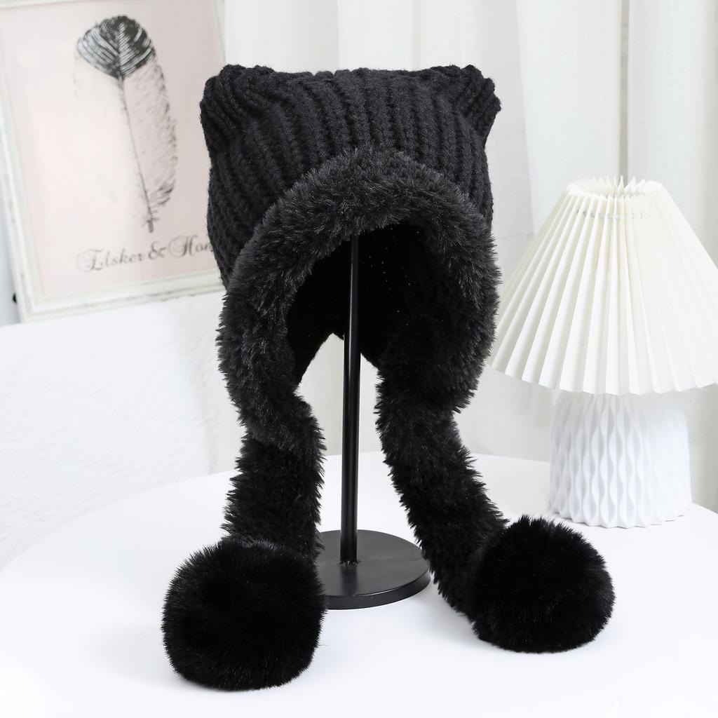 The New Autumn and Winter Cat Ear Double Tail and Two Wool Knitted Cap Is Windproof Ear Protecting  Warm Fashionable  Versatile and Cute Woolen Cap