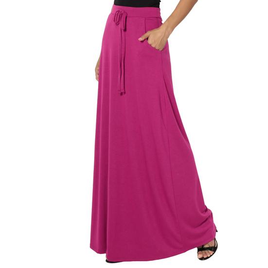 Women Maxi Skirt Adjustable Drawstring High-Waisted Solid Color Long Skirt with Pockets Casual Work Skirt