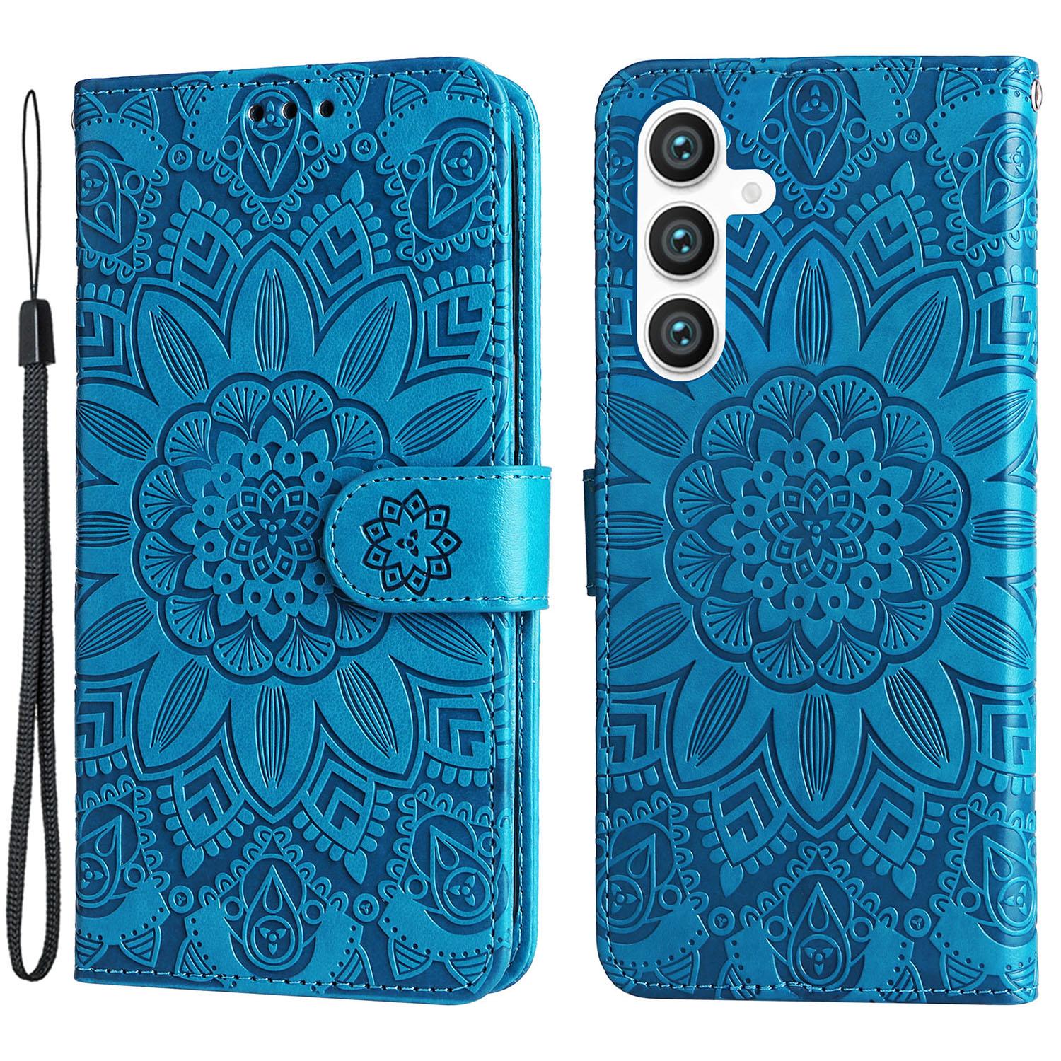 

For Samsung Galaxy S23 FE Anti-Scratch Phone Cover PU Leather Shockproof Imprinted Sunflower Wallet Stand Case Blue
