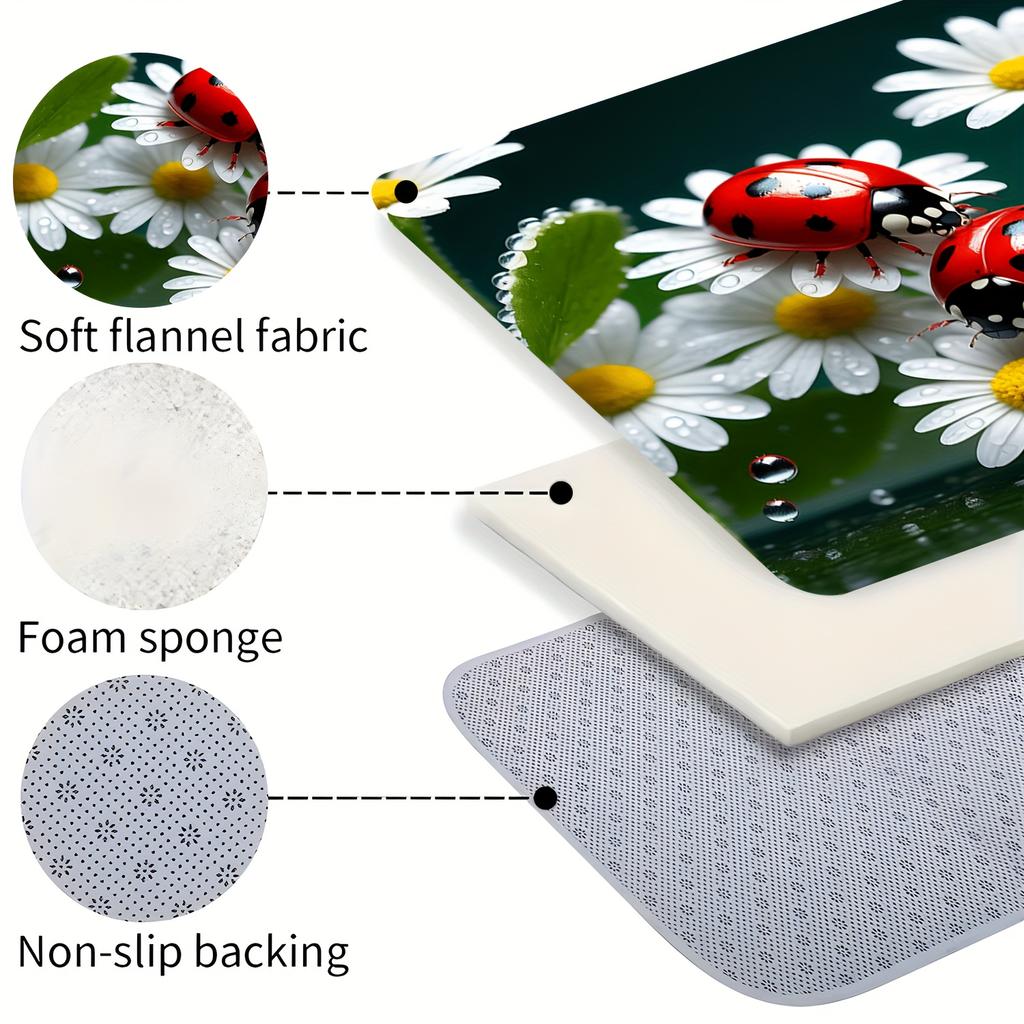 Daisy Ladybug Print Area Rug, Soft Non-Slip Machine Washable Floor Mat for Laundry Room Kitchen Home Decor Spring Decor