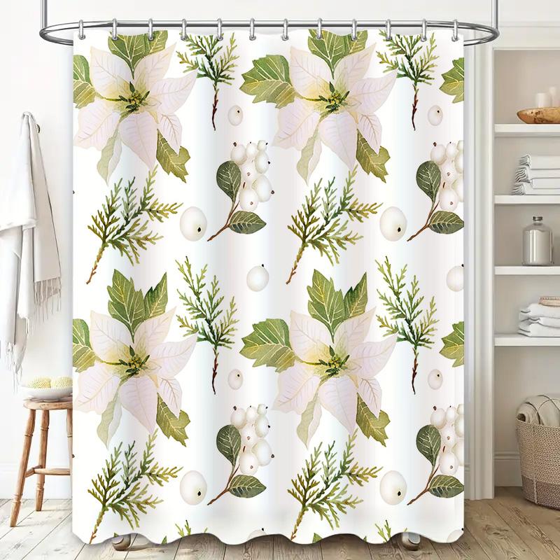 Julblomma Duschdraperi Vattentätt Dekorativt Duschdraperi Hemdekoration Vit Grön Blad Växt Blomstermönster Badkar R