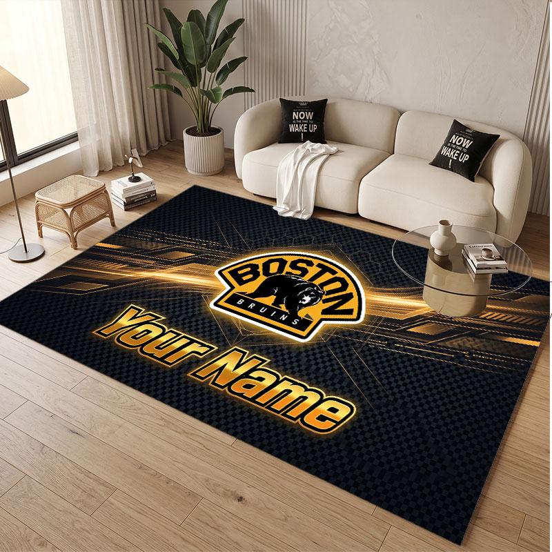 Custom Rug Boston Bruins Pattern Print Name Text Soft Non‑Slip Floor Carpet for Home Indoor Decoration