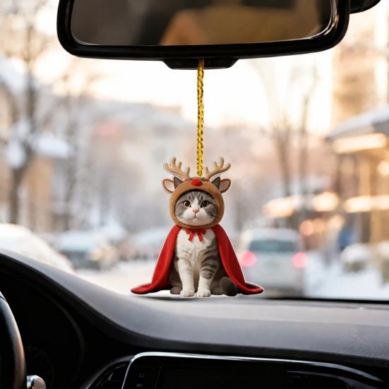 Kleine Süße Dekorationen für Fenster Katze Weihnachtsdekoration, 2D Flaches Cartoon Acryl Kätzchen mit Umhang und Leichter Dekorationshut Hängende Dekoration