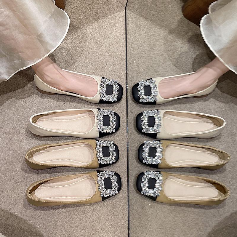 One-pedal women's shoes autumn low-heeled color matching soft sole not tired feet casual rhinestone square buckle square head work shoes