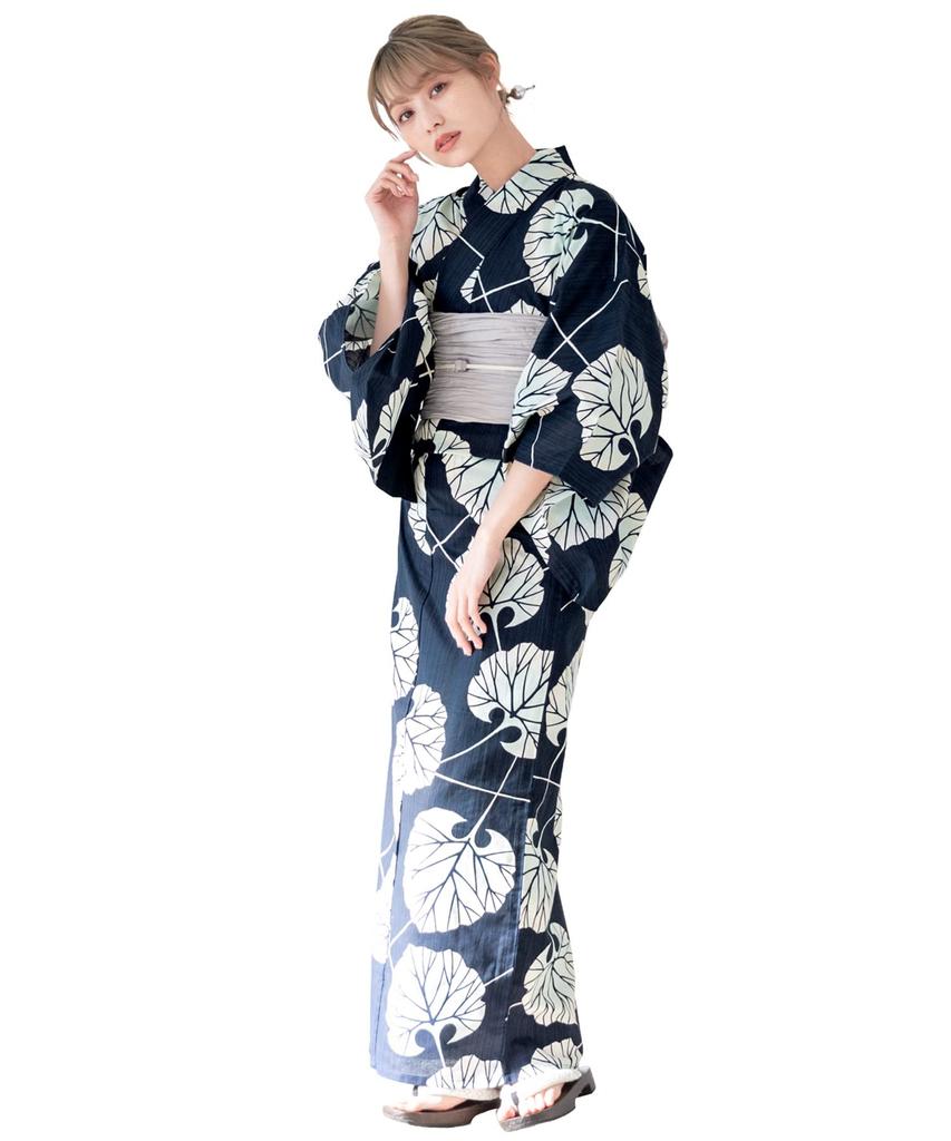 SOUBIEN Yukata Set and Free Navy and Women's Two-Piece (Yukata Obi), Size, Greige, ykt00202-obs10031