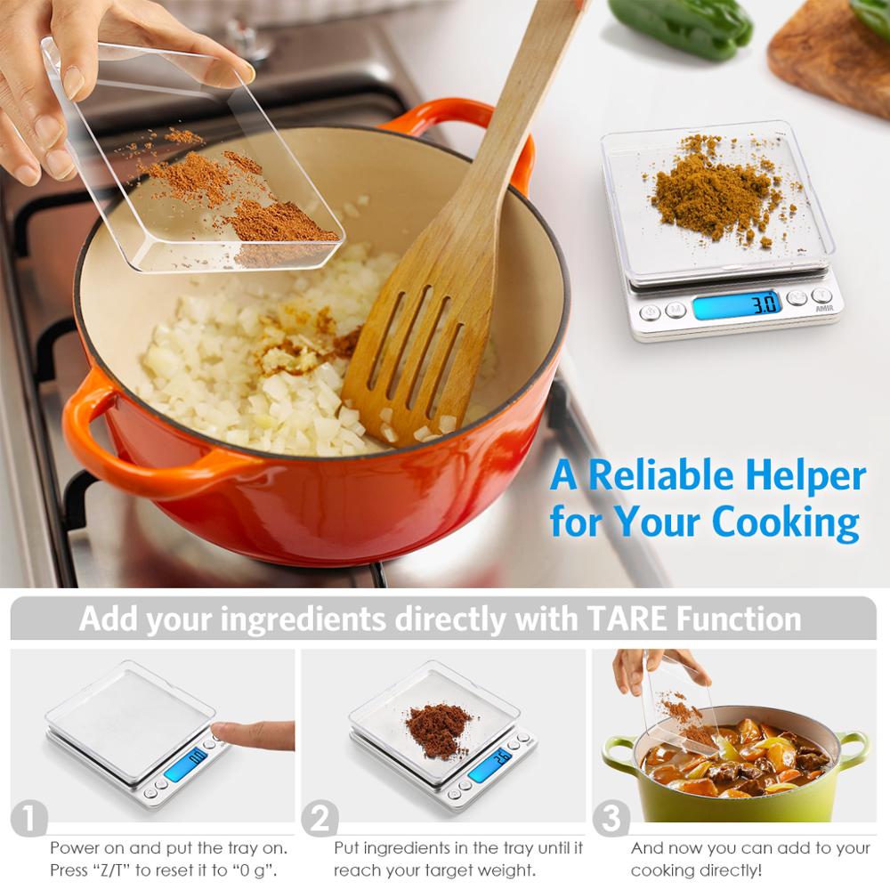 AMIR Digital Kitchen Scale 3kg/0.1g Mini Pocket Cooking Food Scales Stainless Steel Jewelry Scale with Back-Lit LCD Display