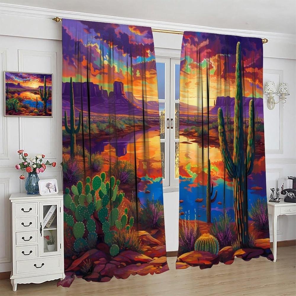 2 Panels Southwestern Desert Landscape Blackout Curtains - Turquoise Blue & Purple Cactus Print Window Drapes   100% Polyester Th