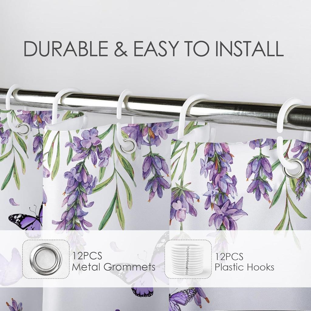 Purple Floral Shower Curtain Purple Lavender and Butterfly on White Shower Curtain for Bathroom, Rustic Flower Plant Shower Curtain Set Durable