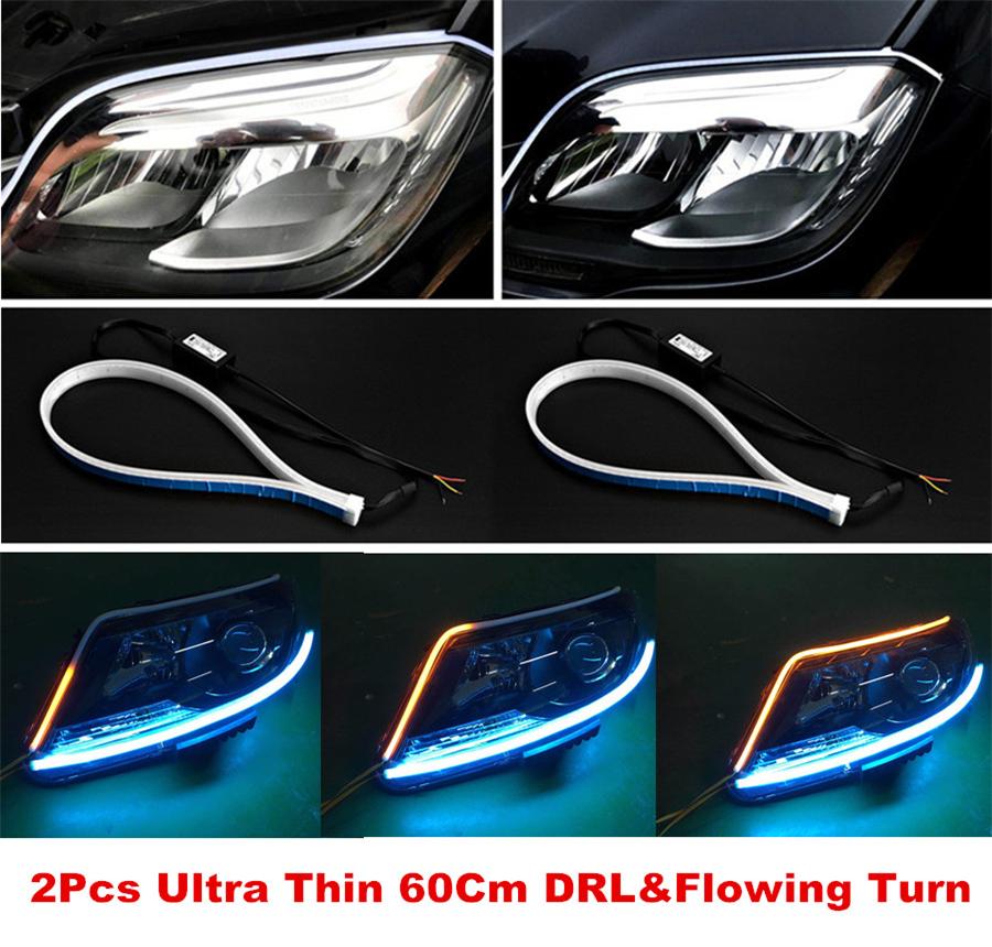 2Pcs LED White Car DRL Running Lamp Strip Light Yellow Flowing Turn Signal Light