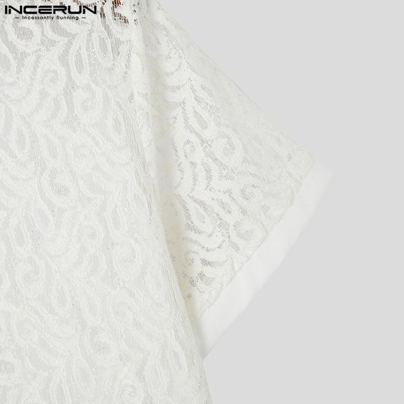 INCERUN Men Short Sleeve Front Lace See Through Sheer Tops Summer T-shirts