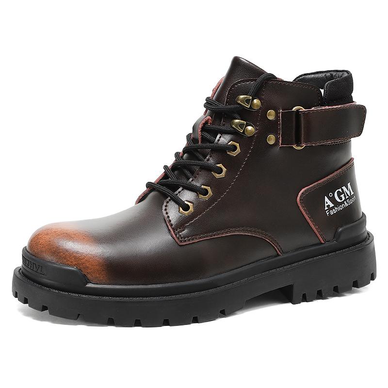 Trend Boots Men's Lace-up Thick-soled Wear-resistant Work Boots Fashion Casual Leather Boots High-top Outdoor Motorcycle Boots