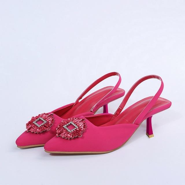 Nové dámské boty špičaté mělké nahé růžové diamantové boty nízký podpatek boty se zadním páskem pro ženy