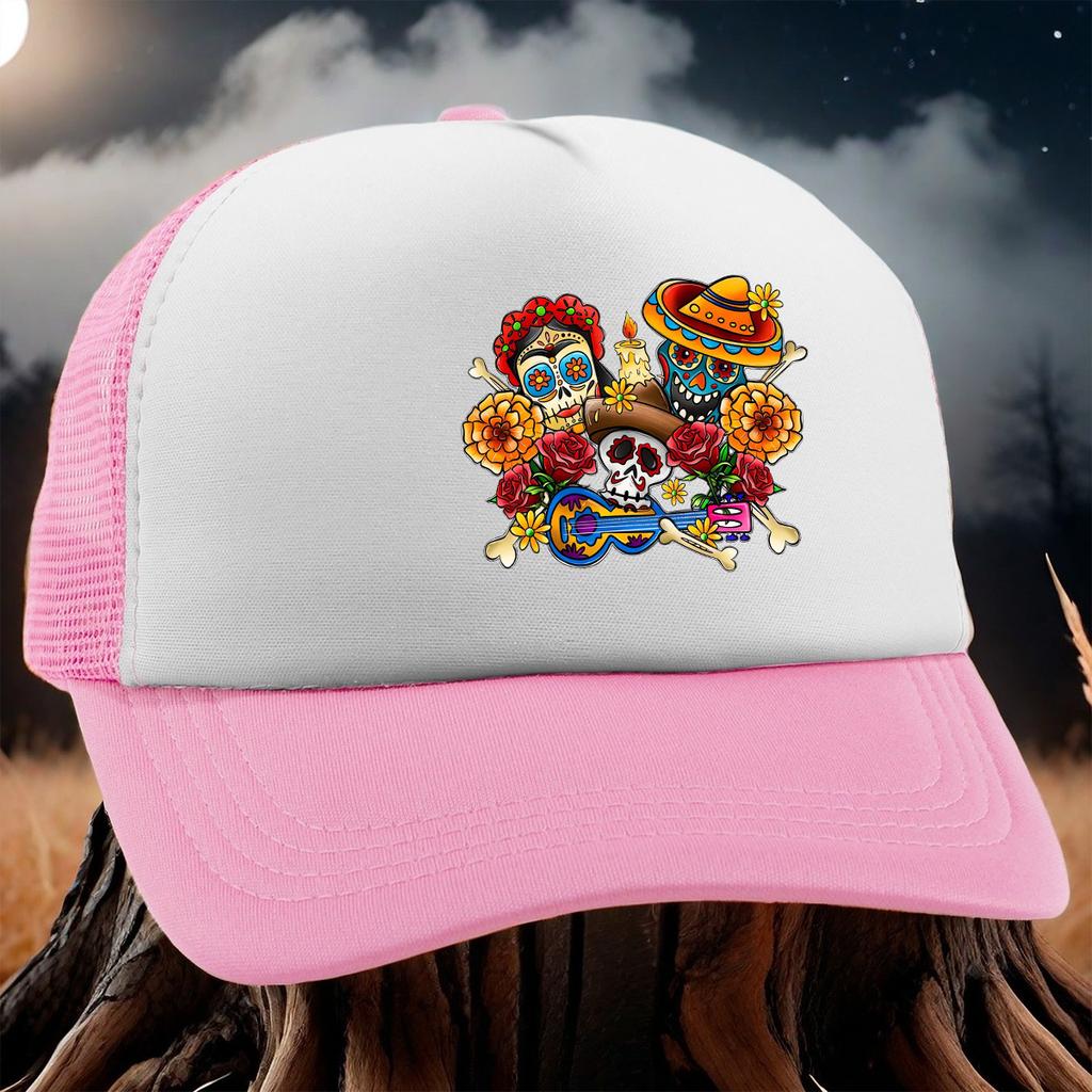 Day of the Dead Skull Print Trucker Hat Breathable Mesh Snapback Adjustable Baseball Cap Casual Pink