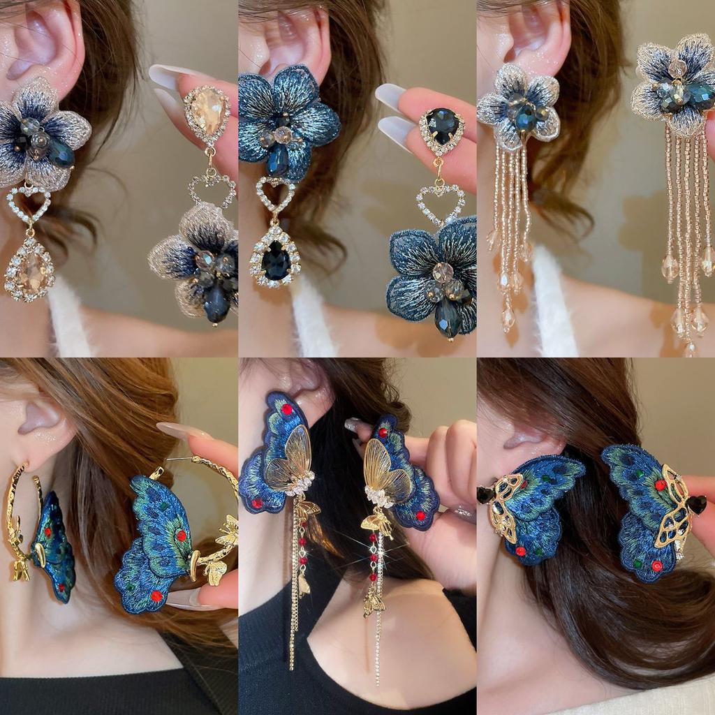 Silver Needle Fabric Flower Glass Fringed Earrings Medium Antique Temperament Stud Earrings Design Sense Niche Earrings