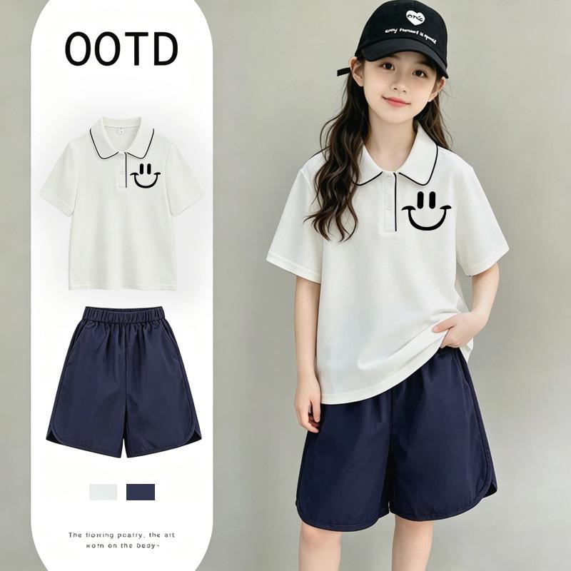 Girls' Summer Cotton Polo Shirt Set (Ages 6-12) – College Style with Lapel and Short Sleeves