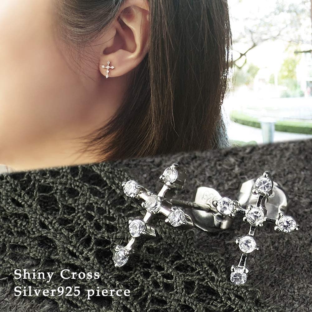 Shinjuku Gin No Kura Latin Cross Zirconia Stud Earrings, 2-Piece Set for Women, Sterling Silver 925 with Rhodium Plating, Simple and Basic Design