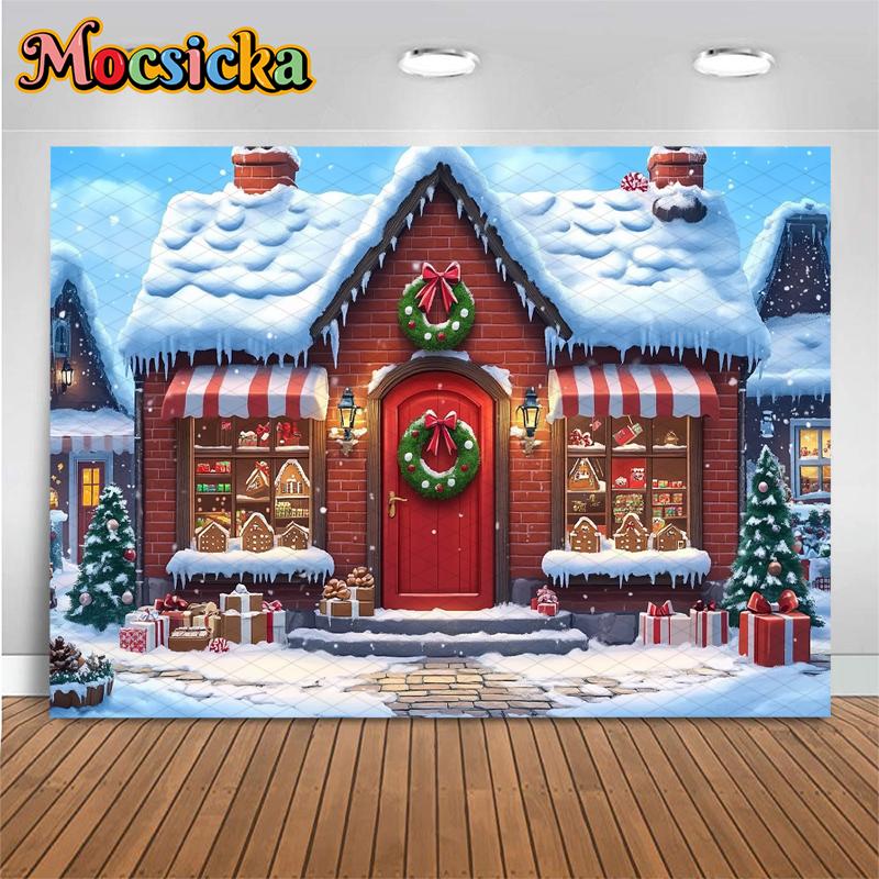 Mocsicka Christmas House Backdrop Winter Snow New Year Party Wallpaper Tree Gift Shop Decoration Festival Photography Background