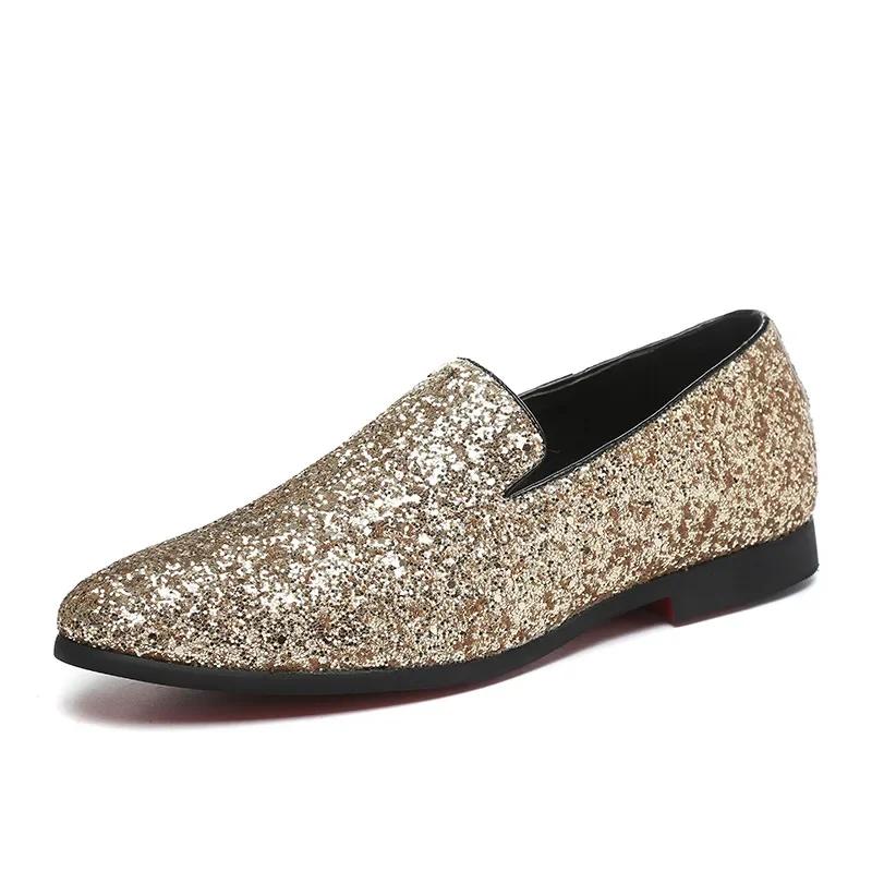 Men Loafer Dress Shoes Diamond Pointed Toe Shoes Gold Luxury Brand Men Paillette Fashion Mens Leather Shoes Zapatos Hombre