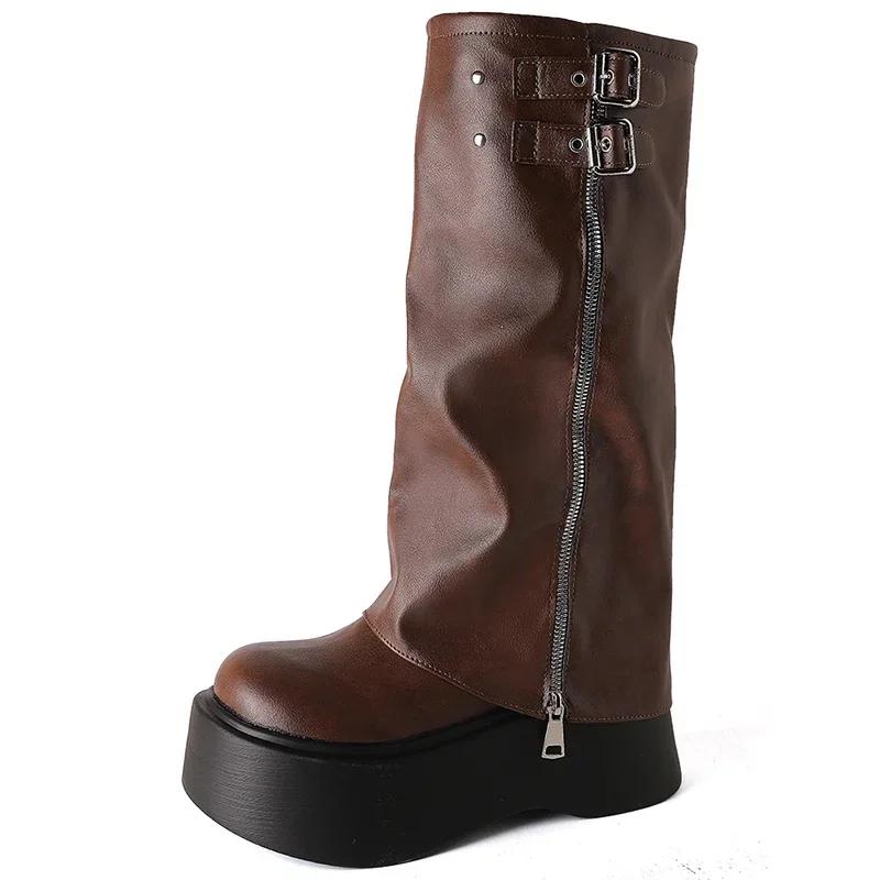 Fashion Autumn Winter Chunky Women Knight High Boots Fashion Platform Flats Trouser Long Booties Female Western Cowboy Shoes