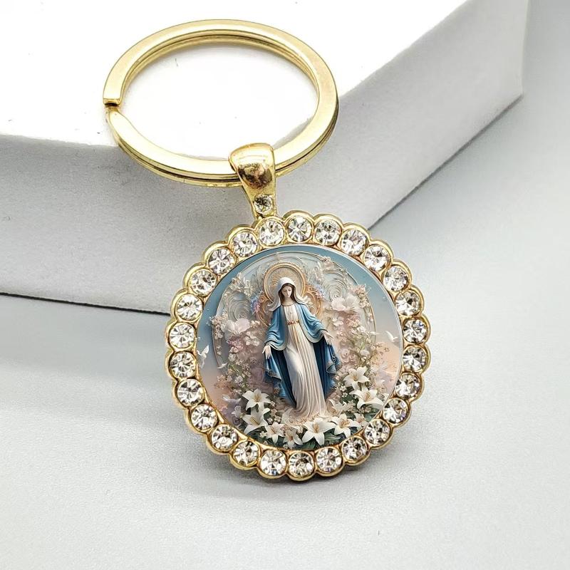 Alloy Round Keychain Virgin Mary Keyrings Pendant Christian Saint Jewelry Religious Christian Faith Gift