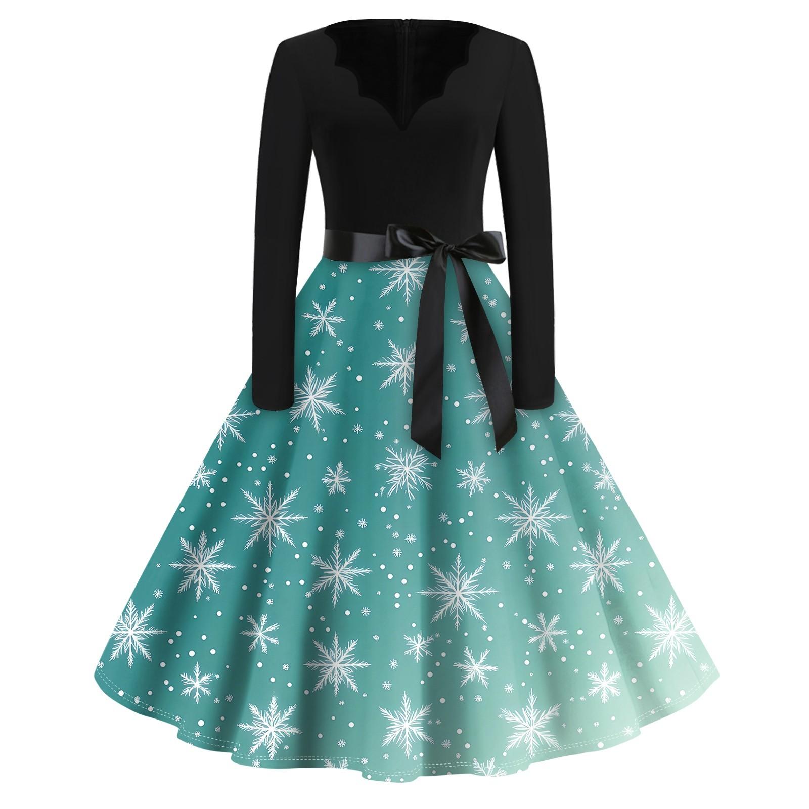 

Рождественский принт расклешенное платье для женщин платье с длинным рукавом полые вечерние повседневные платья XXL циан