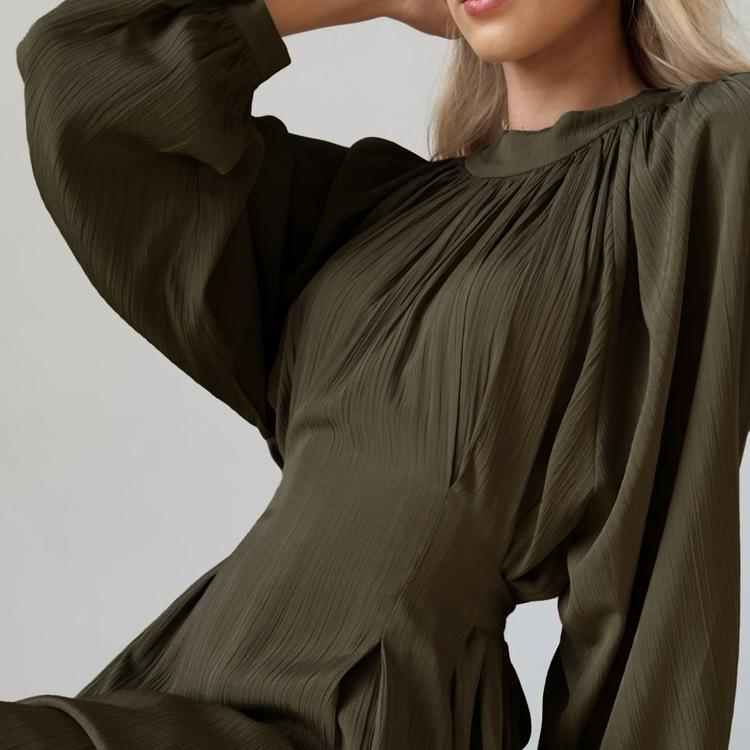 Women's Casual Long Lantern Sleeves Dress Elegant Crew Neck Spring Fall Dress Bohemian Relaxed Fit Solid Color Flowy Maxi Dresses for Women