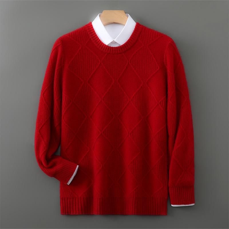 Young Adult Men s Diamond Knit Wool Sweater – Loose Fit Round Neck for Autumn/Winter XXXL