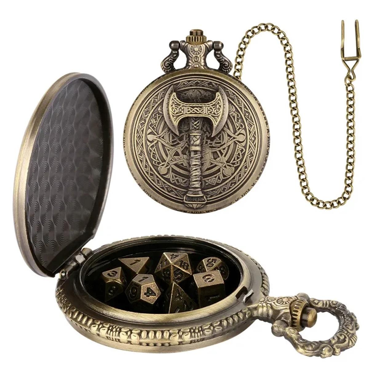 Engraved Axe Pattern Pocket Watch Case Pendant Chain with 7Pcs Mini Polyhedral Metal Dice Set Entertainment Gaming Accessory