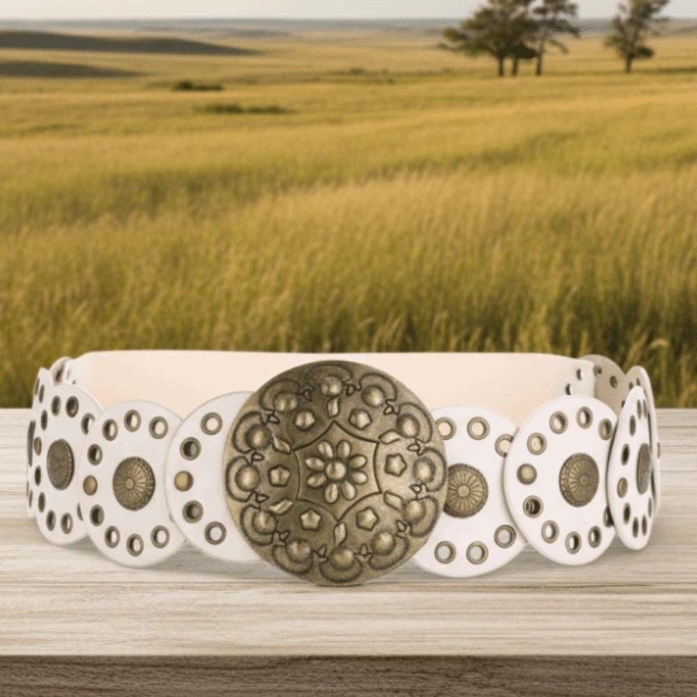 Zinc Zinc Alloy Ethnic Style Rivet Belt Y2K Disc PU Hollow Waistband Vintage Concho Wide Belt Waist Seal