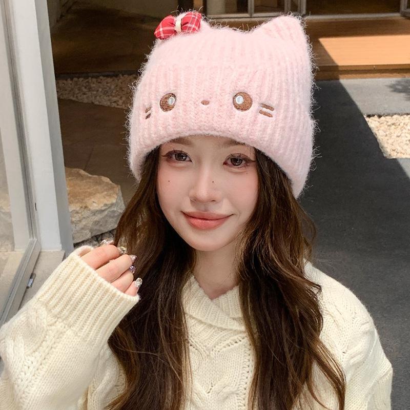 Internet Celebrity Cute Cat Knitted Wool Hat Women's Autumn and Winter Warm Ear Protection Pullover Hat Outdoor Versatile Cold Hat