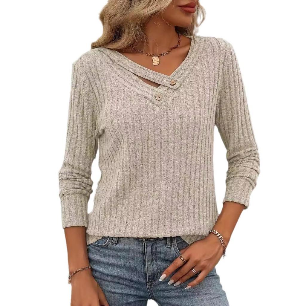 Autumn/Winter Women's V-Neck Button T-Shirt