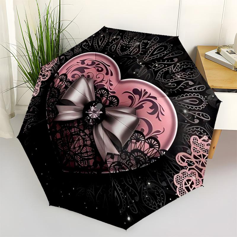 

1pc Pink Heart with Bow on Black Lace Background Umbrella with Plastic Handle,Vibrant Cartoon Pattern,Multi-functional UmbrellaB2016