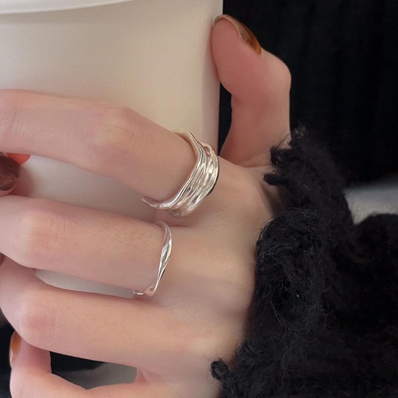 Korean INS Niche Design: 925 Sterling Silver Minimalist Irregular Pleated Texture Open Ring for Women