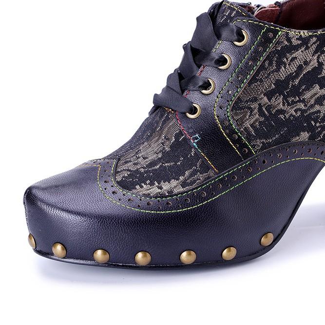 Johnature Handmade Genuine Leather Pumps Retro Patchwork Printed Rivet High Heels Women's Shoes